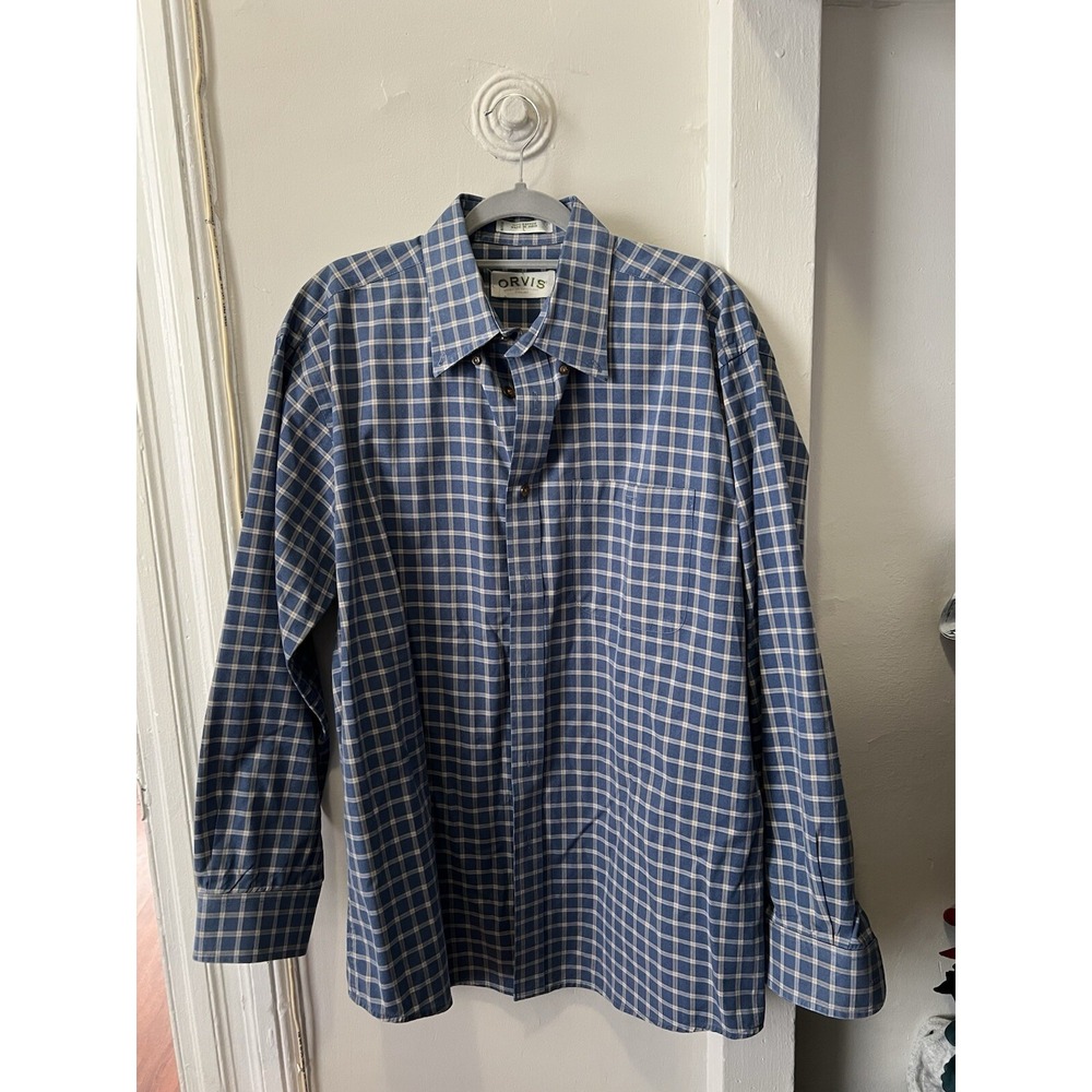 Orvis Flannel Button Down Shirt Men's Large Long Sleeve Plaid Blue Fishing Shirt